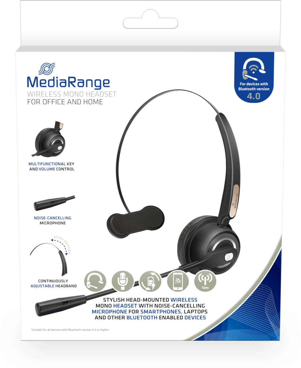 MediaRange kabelloses Mono-Headset mit Mikrofon, 180mAh Akku, schwarz