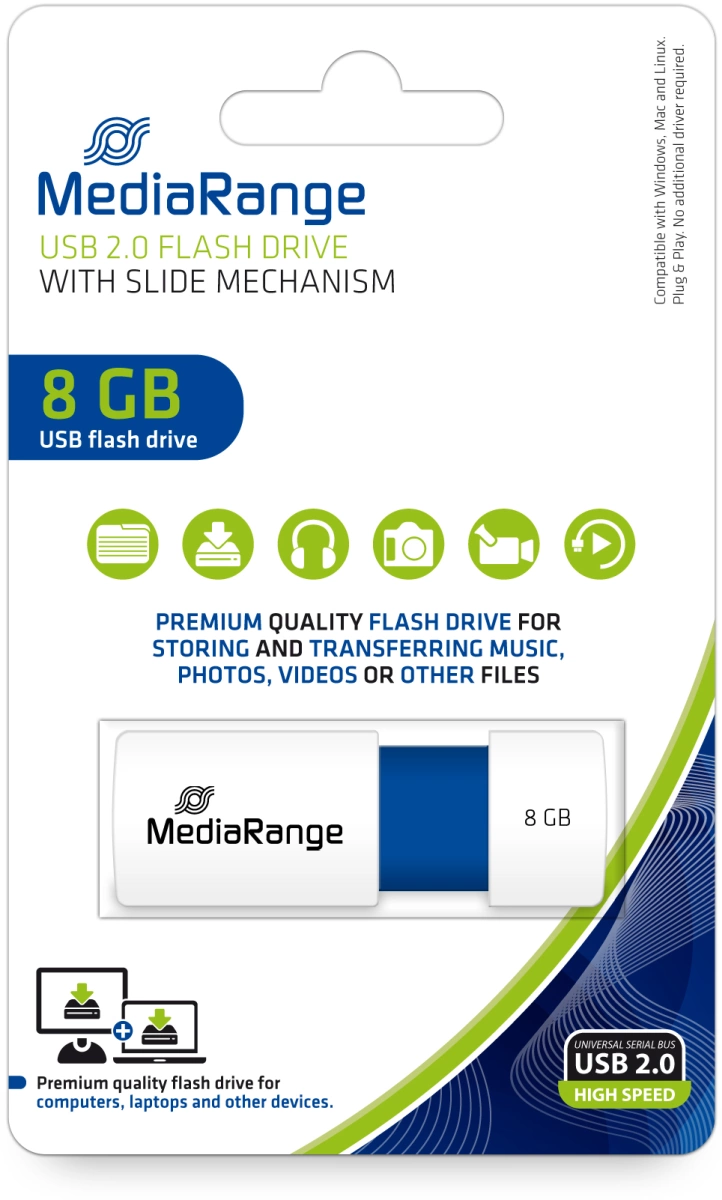 MediaRange USB-Speicherstick blau 8GB | mit Schiebemechanismus