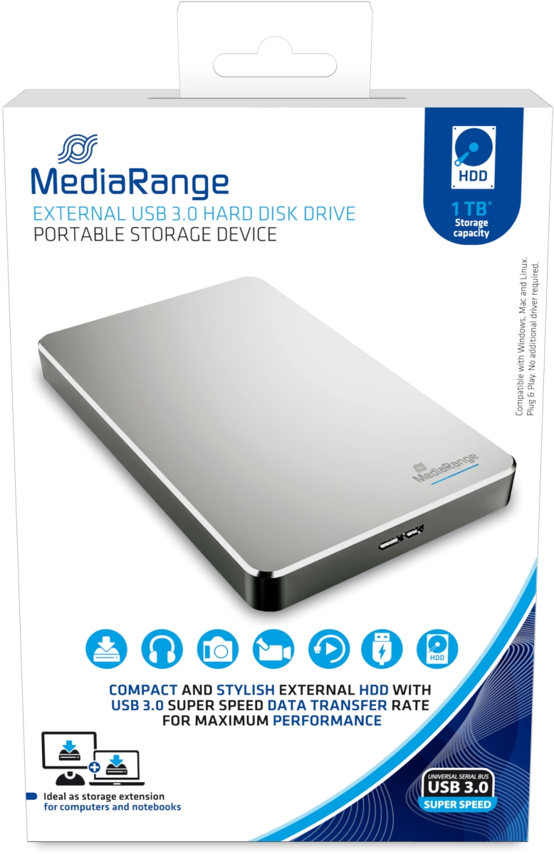 externe USB 3.0 Festplatte, HDD, 1TB, silber