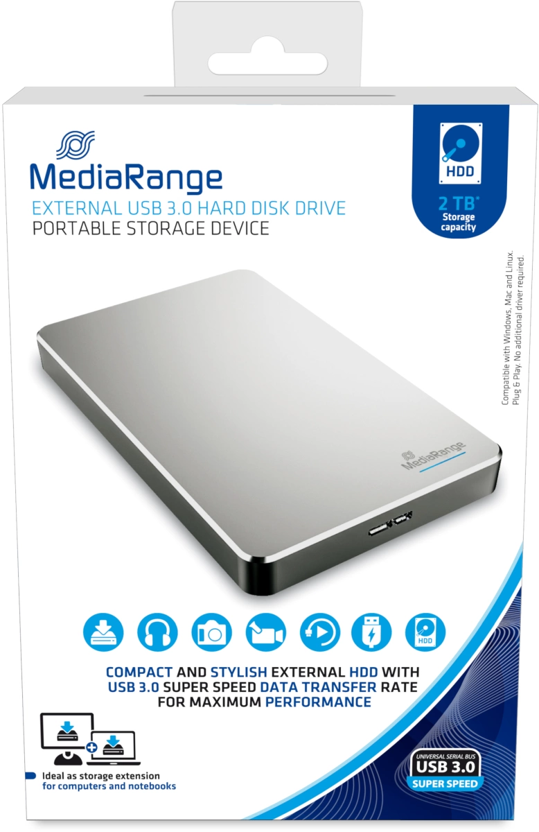 externe USB 3.0 Festplatte, HDD, 2TB, silber